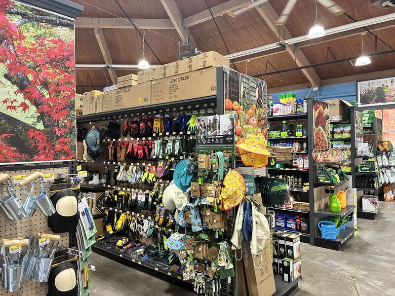 An indoor display of garden products and decorative goods.