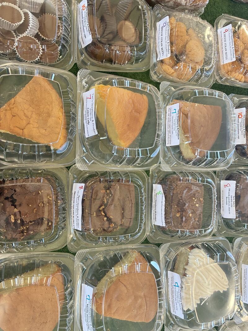 Individually packaged slices of baked goods on display.