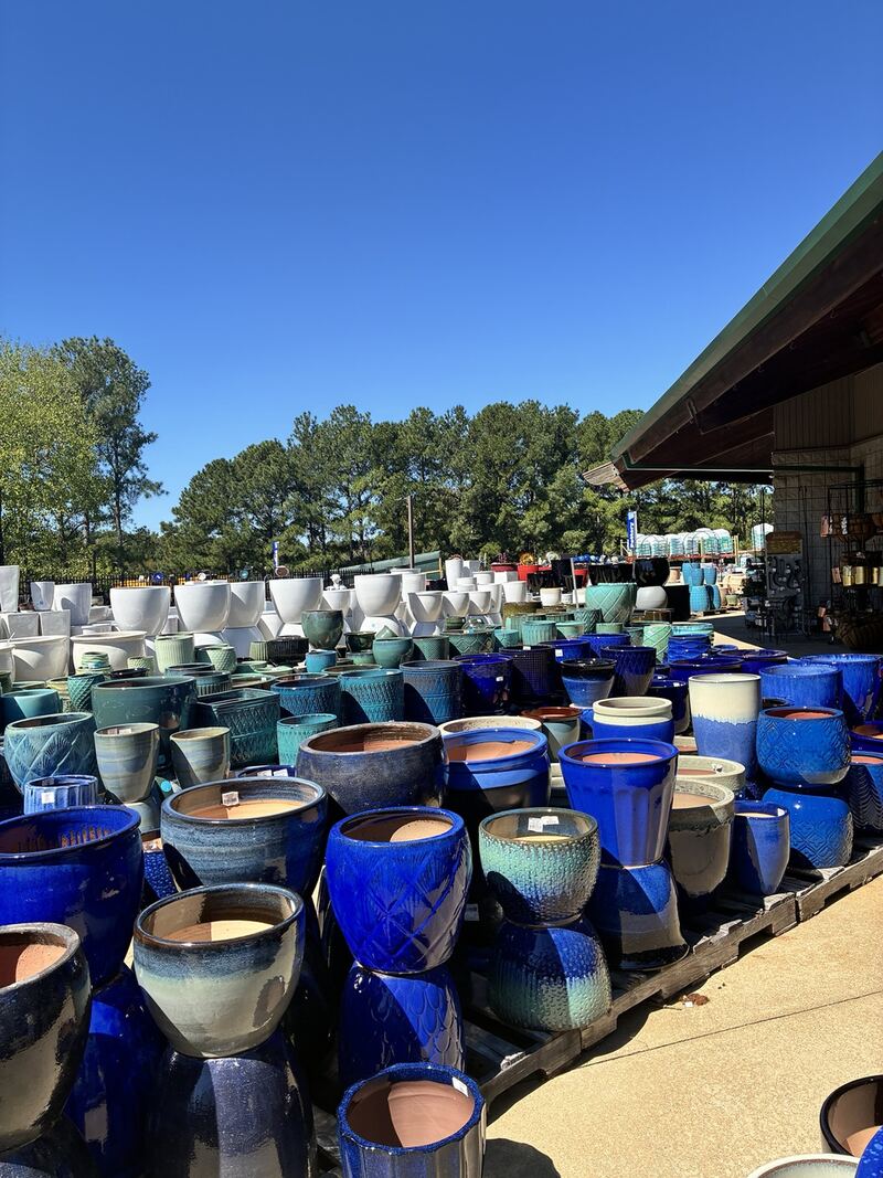 A second view along the outdoor rows of planters.
