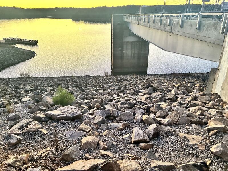 Concrete, riprap and the reservoir.