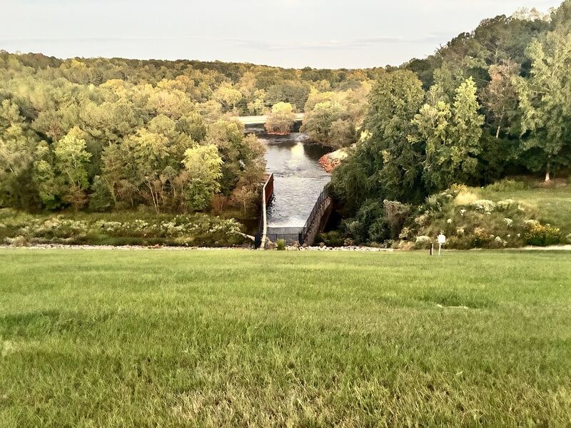 Looking down the grassy dam embankment toward the outlet channel and wooded river corridor.