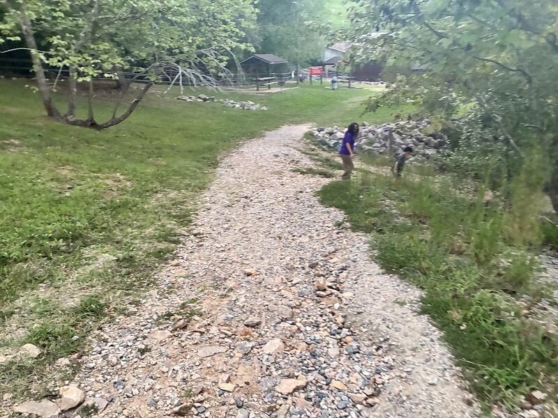 A gravel path beside the river.